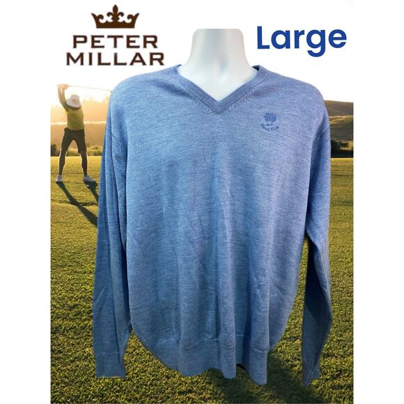 $230 PETER MILLAR Bent Pine Club Crest Merino Wool Blue Sweater Large - Picture 1 of 10